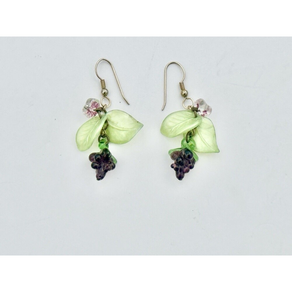Sienna Sky Earrings Purple Grapes Cluster with Green Leaves Glass Shell Cute